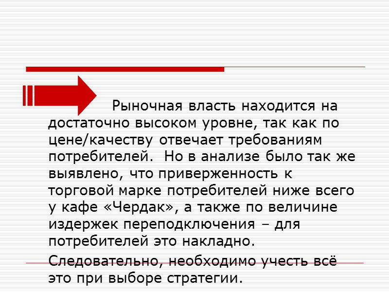 Рыночная власть находится на достаточно высоком уровне, так как по цене/качеству отвечает требованиям потребителей.